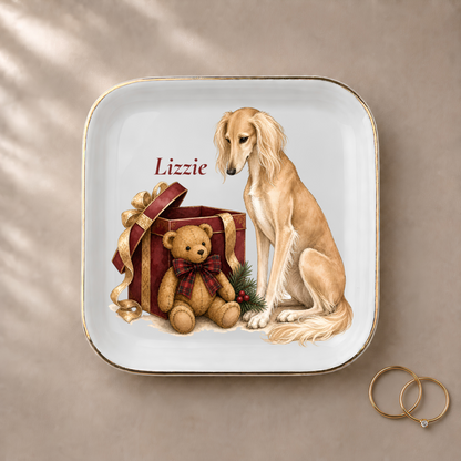 Saluki jewelry dish styled with gold rings and a personalized name
