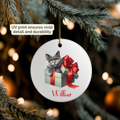Grey Cat Ornament with Custom Name