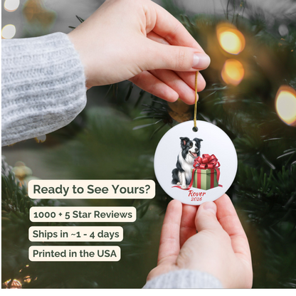 Hand holding a personalized Border Collie ceramic ornament beside a Christmas tree