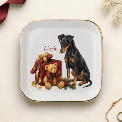 Personalized Manchester Terrier Christmas jewelry dish with gold rim