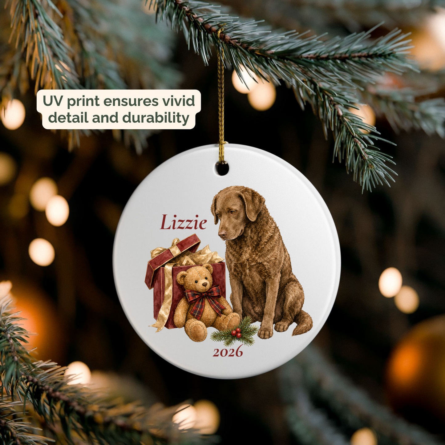 Personalized Chesapeake Bay Retriever ornament hanging on a lit Christmas tree