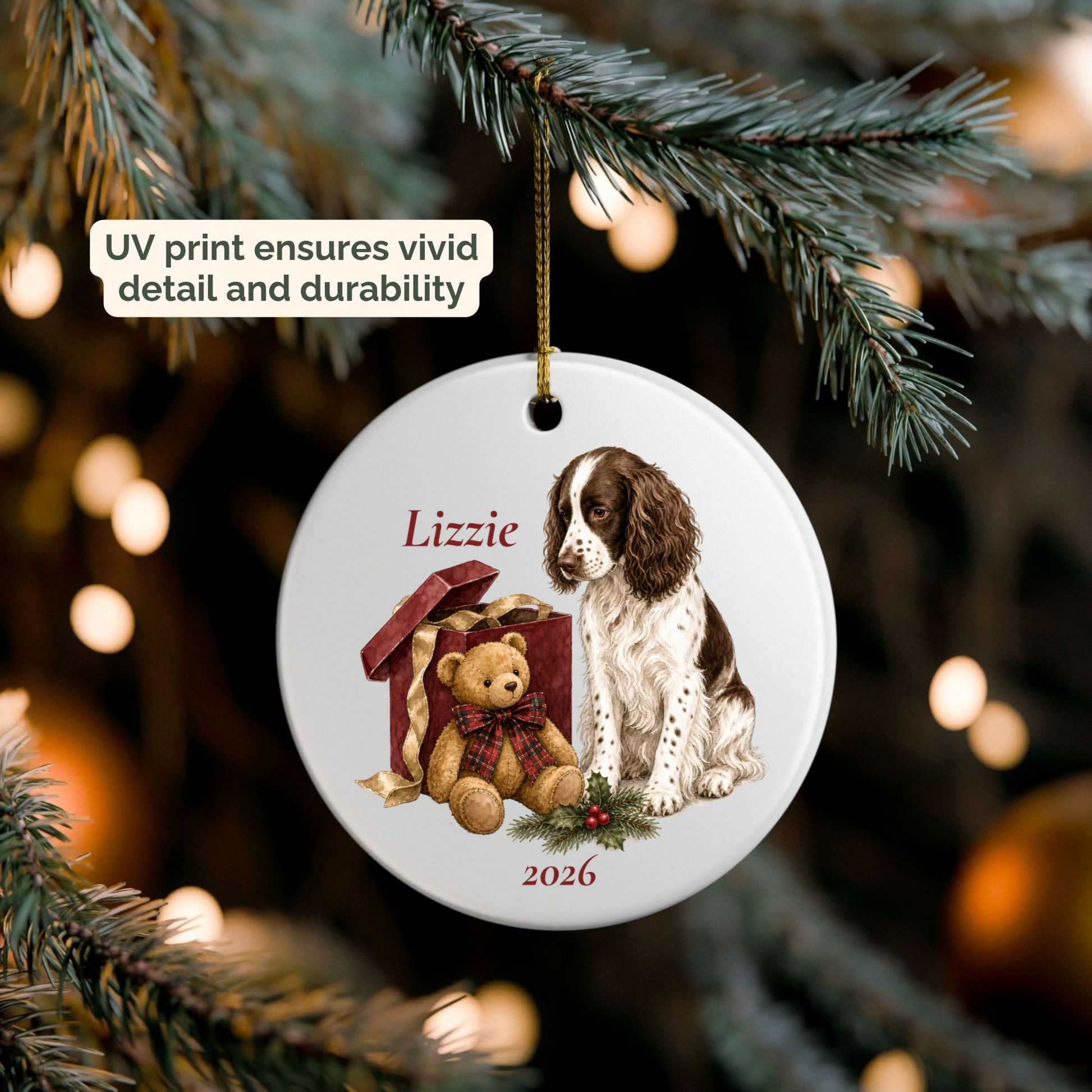 Personalized English Springer Spaniel (Liver) ornament hanging on a lit Christmas tree