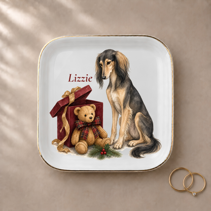 Saluki jewelry dish styled with gold rings and a personalized name