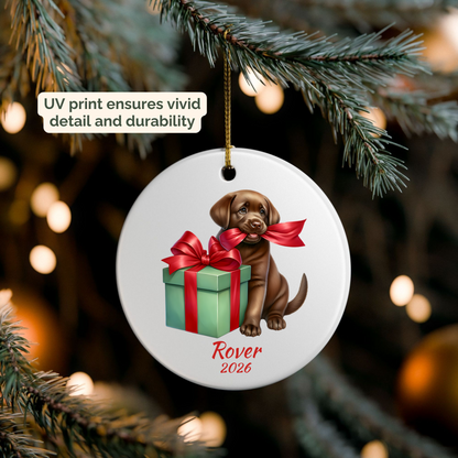 Personalized chocolate Labrador Retriever ornament hanging on a lit Christmas tree