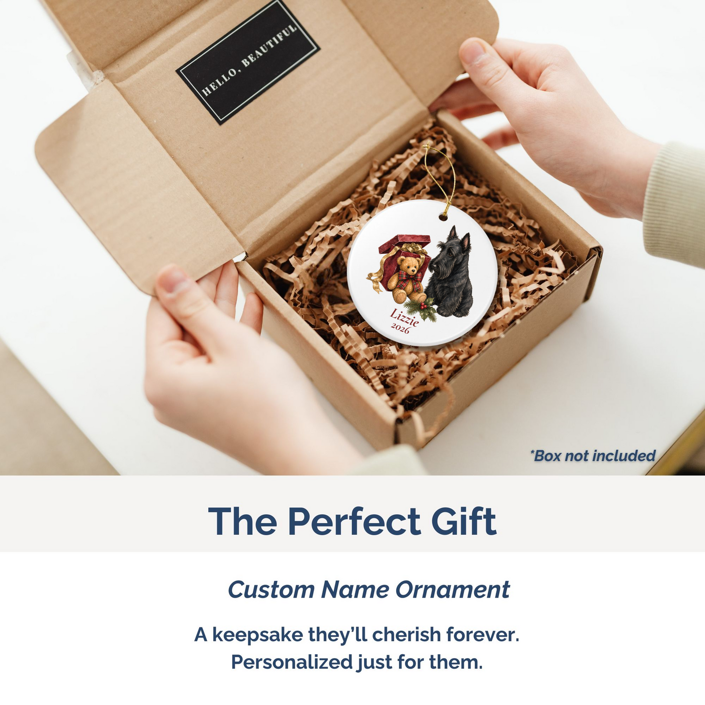 Scottish Terrier personalized ornament packed in a gift mailer box