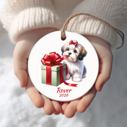 Personalized Havanese Christmas ornament held in cupped hands
