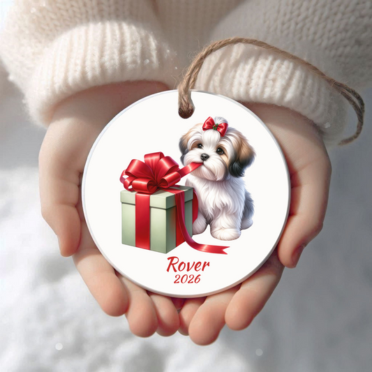 Personalized Havanese Christmas ornament held in cupped hands