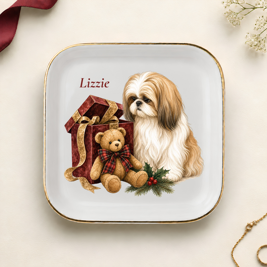 Personalized Shih Tzu Christmas jewelry dish with gold rim