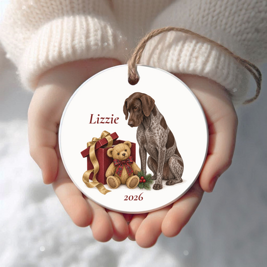 Personalized German Shorthaired Pointer (Liver & Roan) Bear Necessities Christmas ornament held in cupped hands