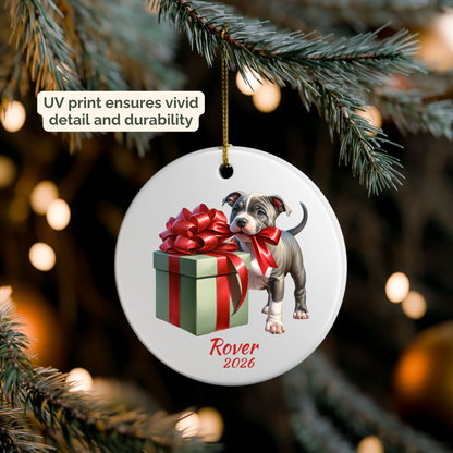 Personalized American Pitbull ornament hanging on a lit Christmas tree