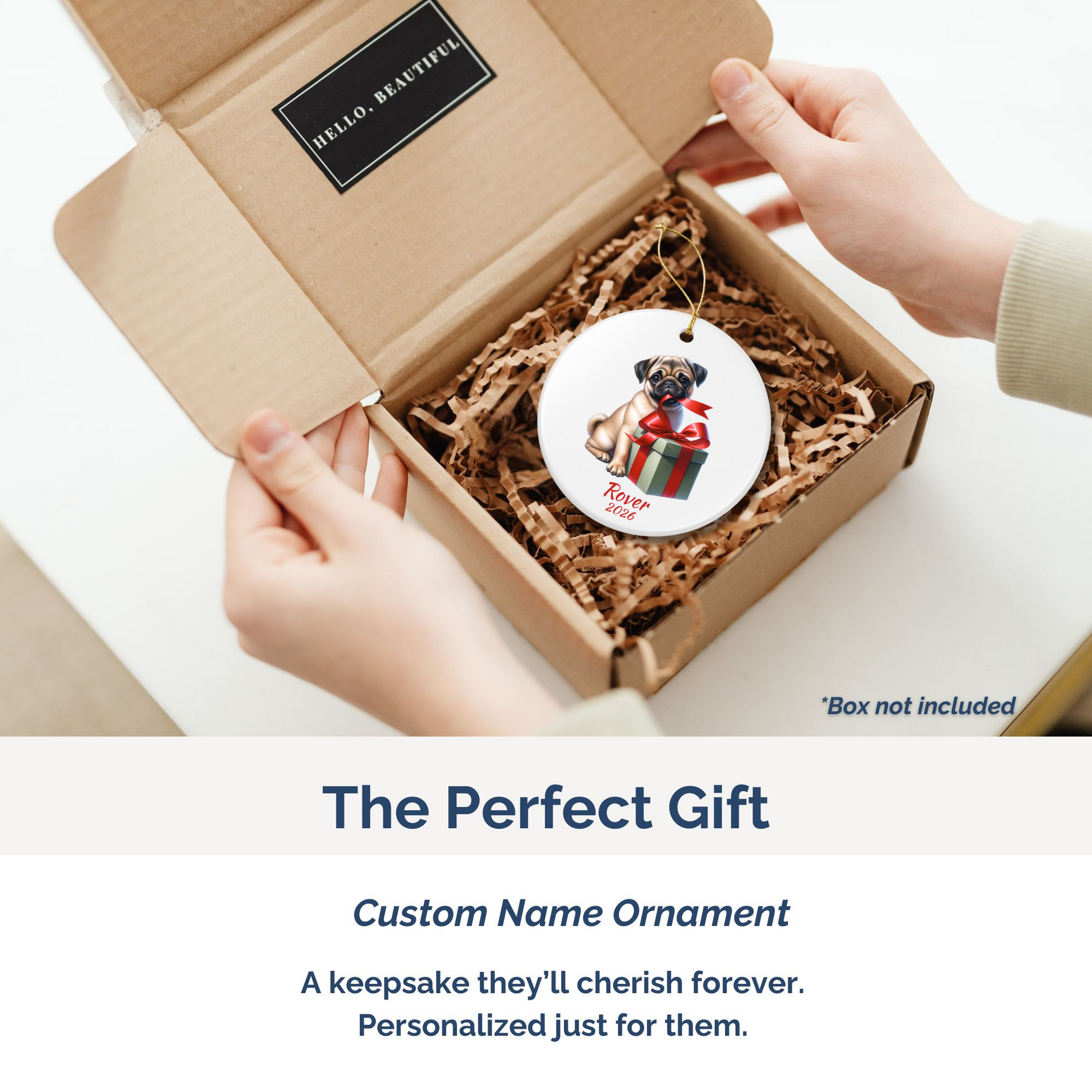 Fawn Pug personalized ornament packed in a gift mailer box