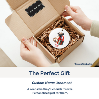 Fawn Pug personalized ornament packed in a gift mailer box