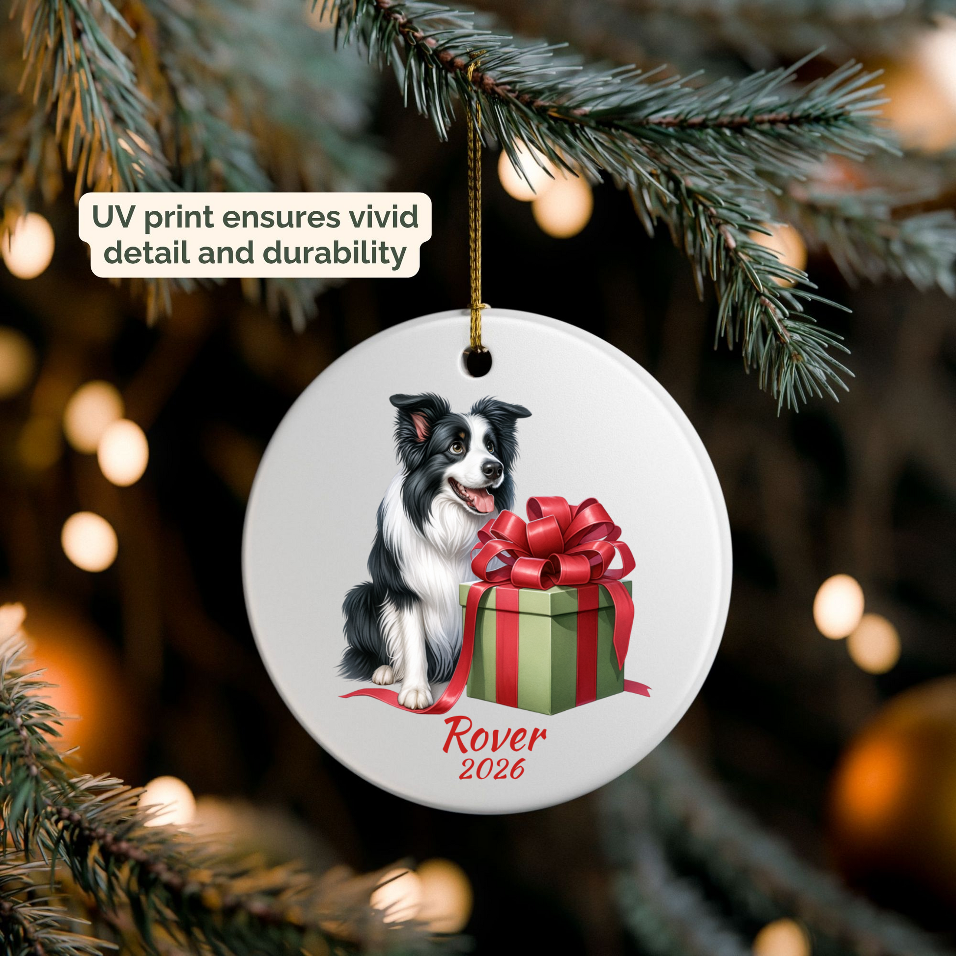 Personalized Border Collie ornament hanging on a lit Christmas tree