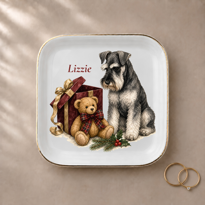 Standard Schnauzer jewelry dish styled with gold rings and a personalized name