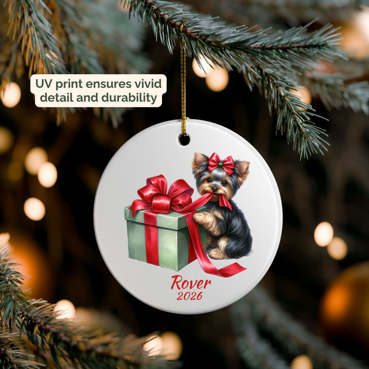 Personalized Yorkshire Terrier ornament hanging on a lit Christmas tree