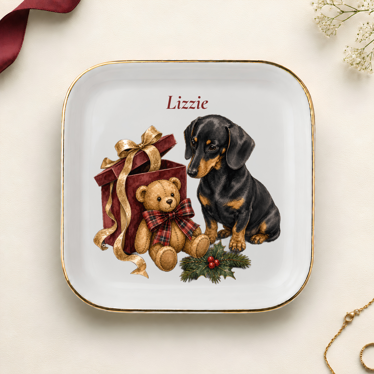 Personalized Dachshund Christmas jewelry dish with gold rim