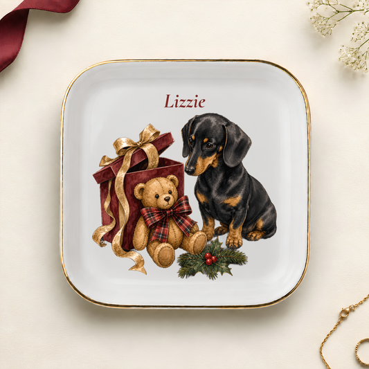 Personalized Dachshund Christmas jewelry dish with gold rim