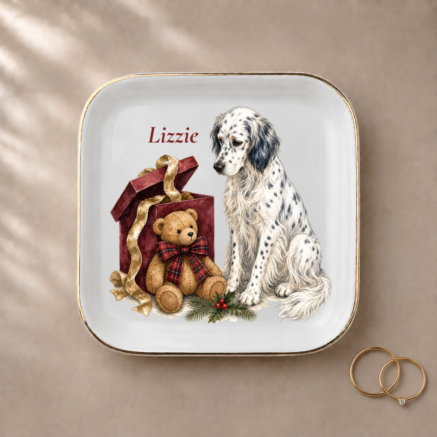 English Setter jewelry dish styled with gold rings and a personalized name