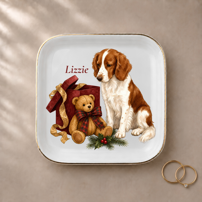 Welsh Springer Spaniel jewelry dish styled with gold rings and a personalized name