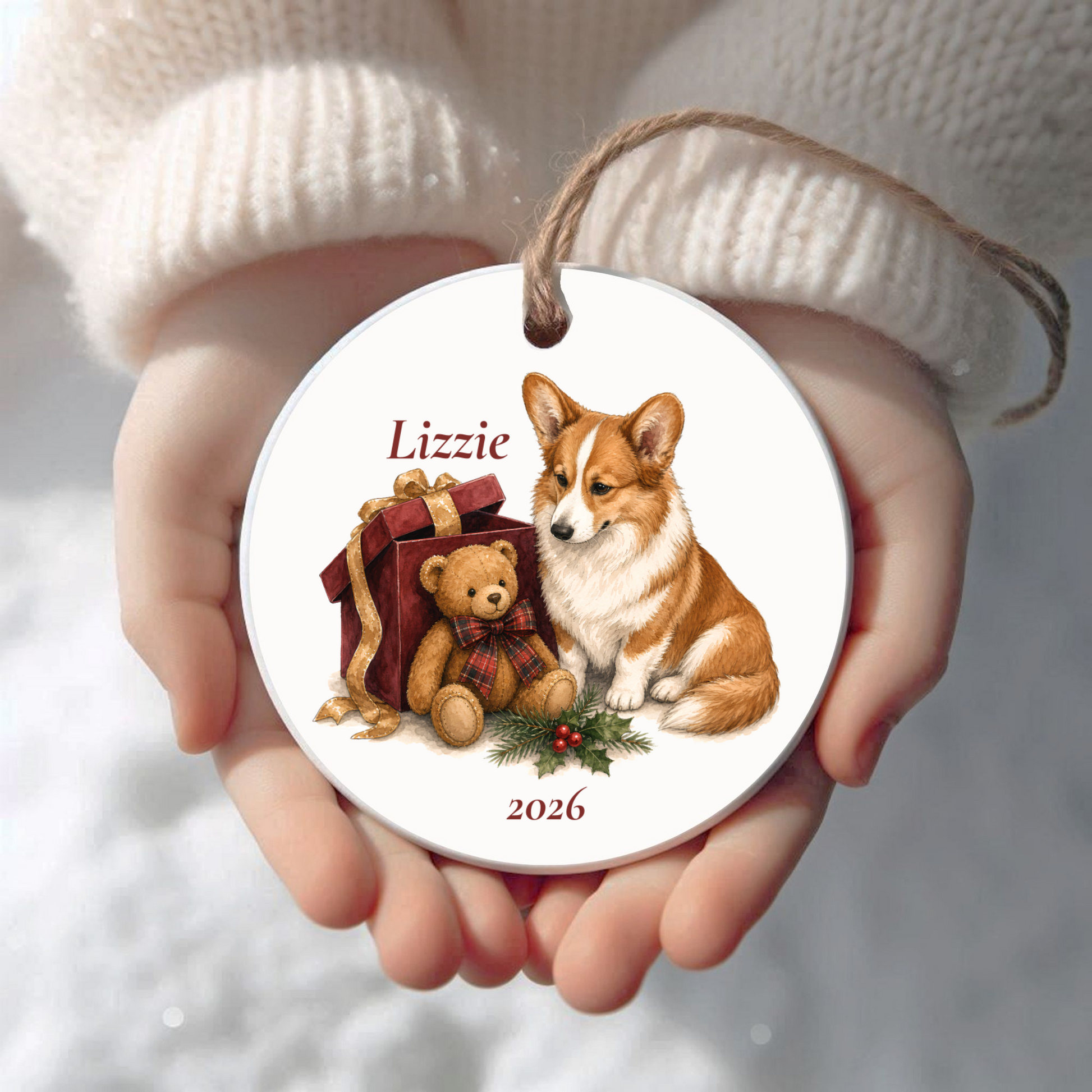 Personalized Cardigan Welsh Corgi Christmas ornament held in cupped hands
