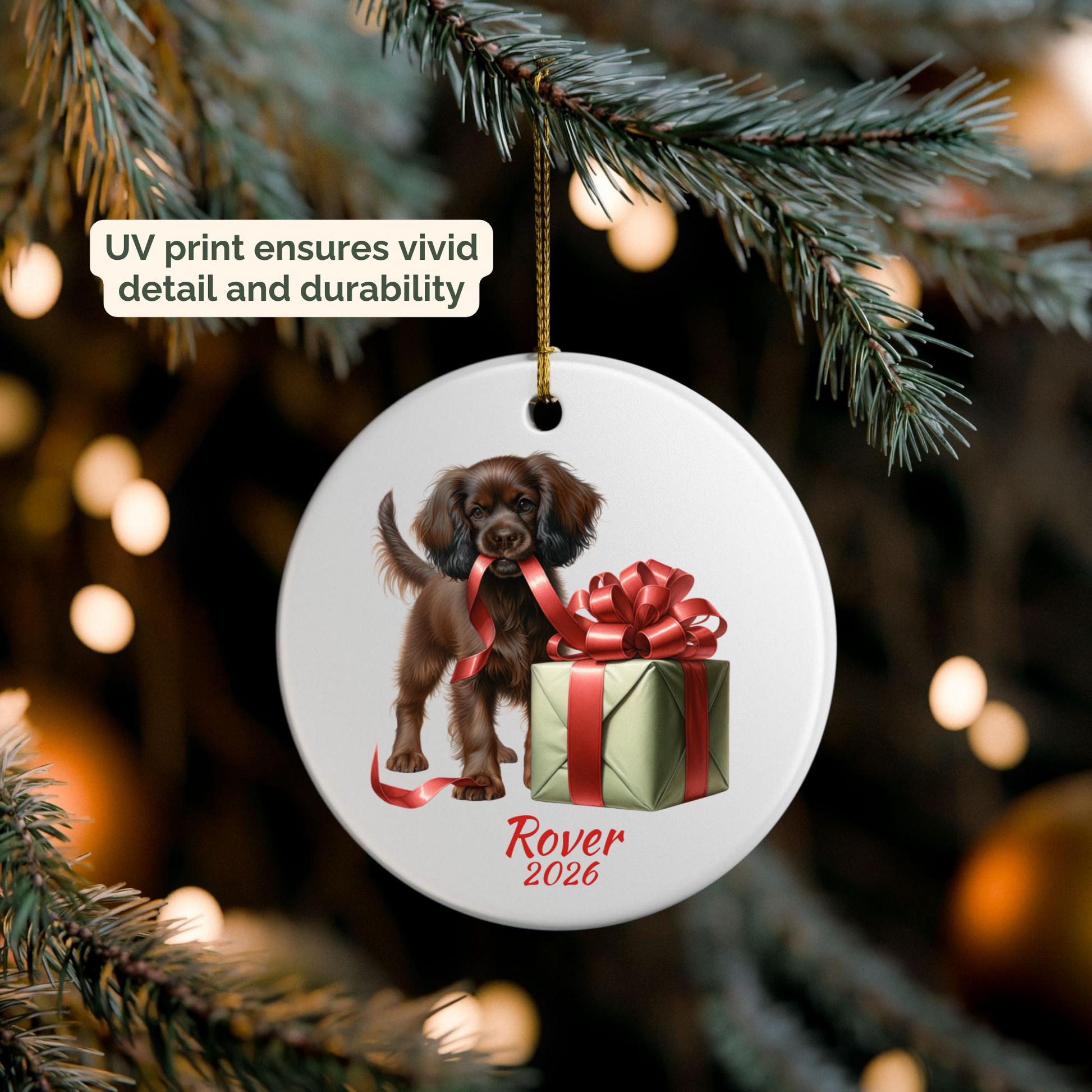 Personalized Boykin Spaniel ornament hanging on a lit Christmas tree