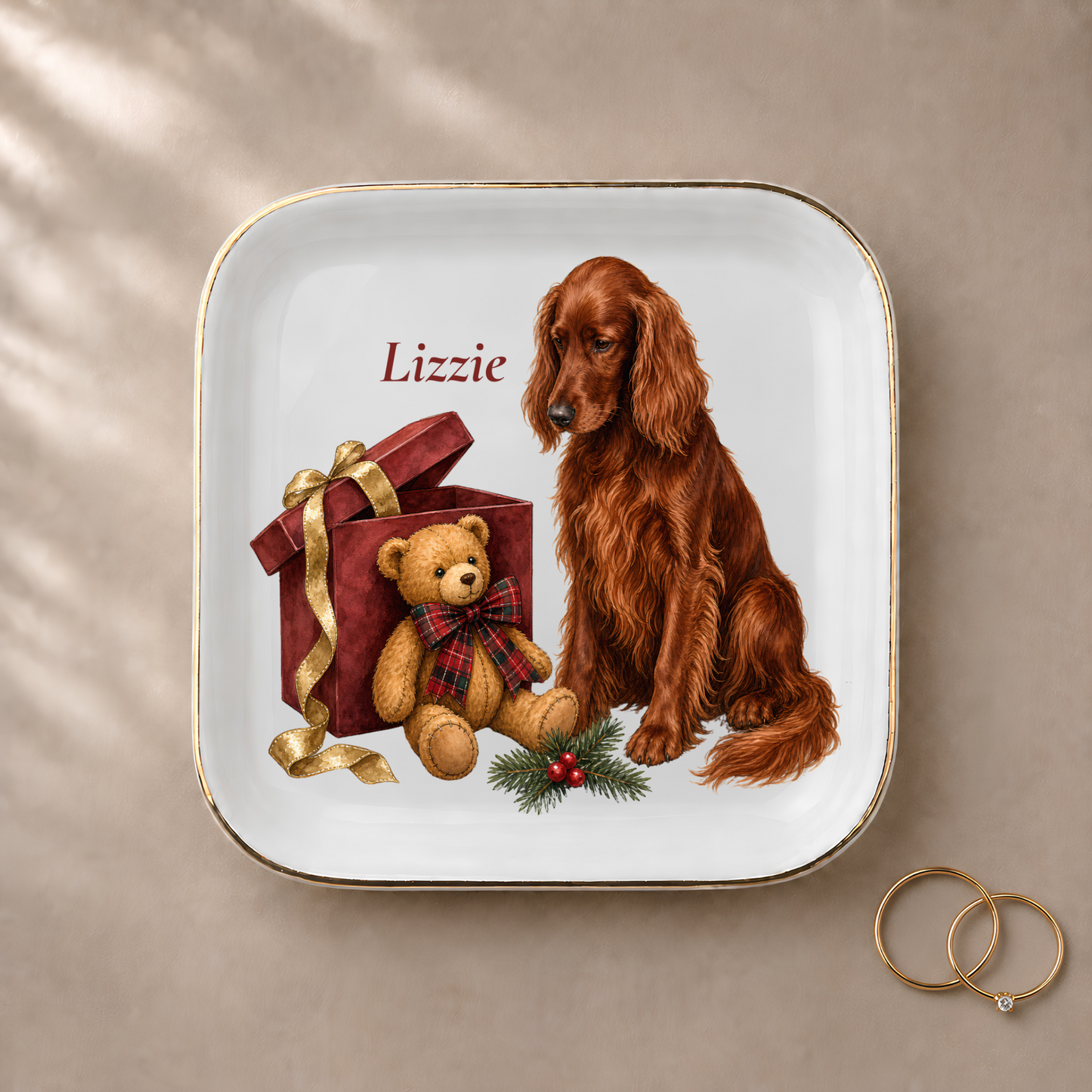 Irish Setter jewelry dish styled with gold rings and a personalized name