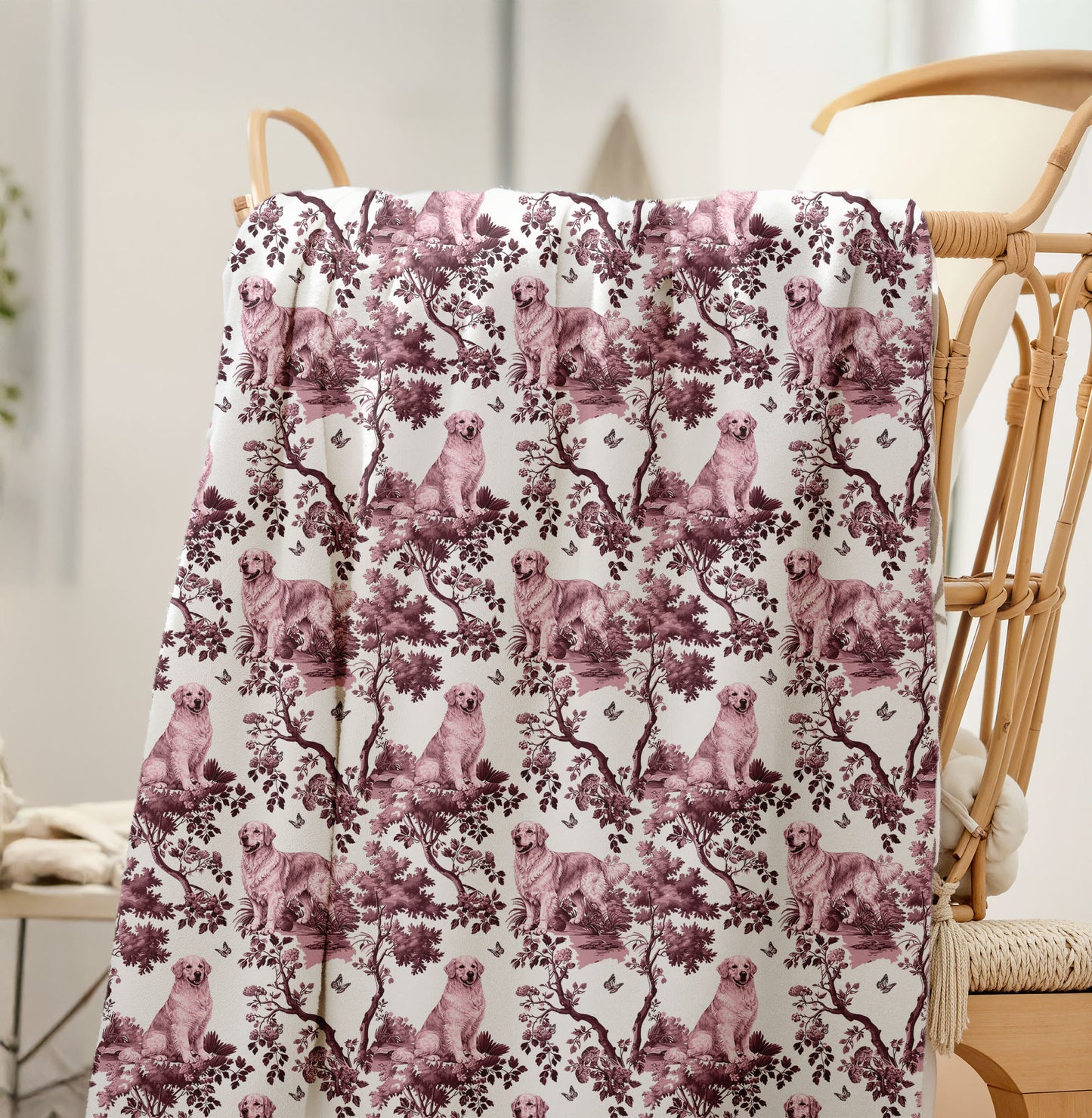 Golden Retriever Blanket - Red Toile Pattern