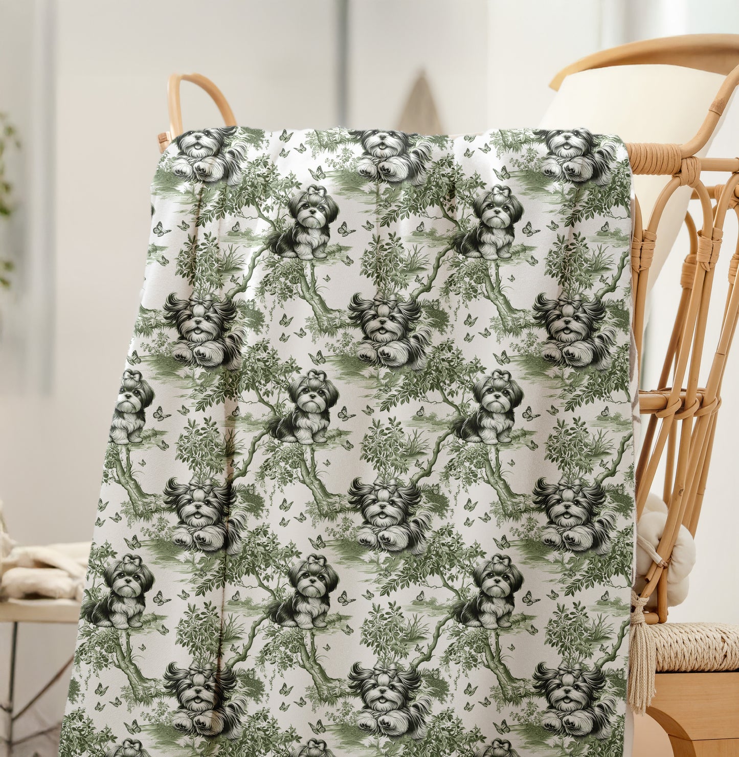 Shih Tzu Blanket - Sage Green Toile Pattern