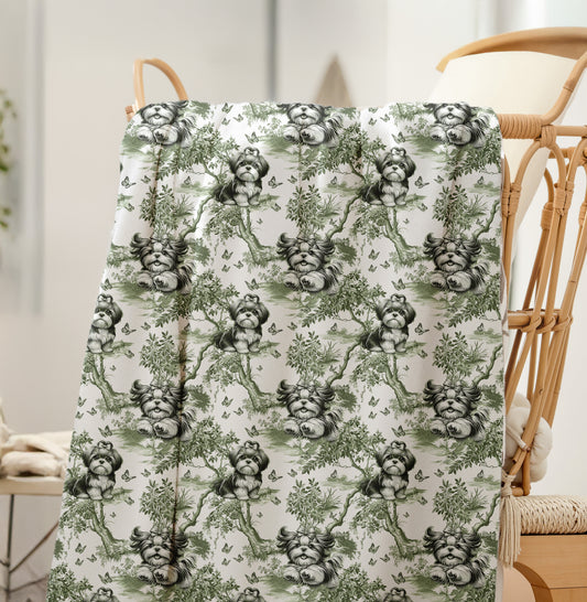 Shih Tzu Blanket - Sage Green Toile Pattern