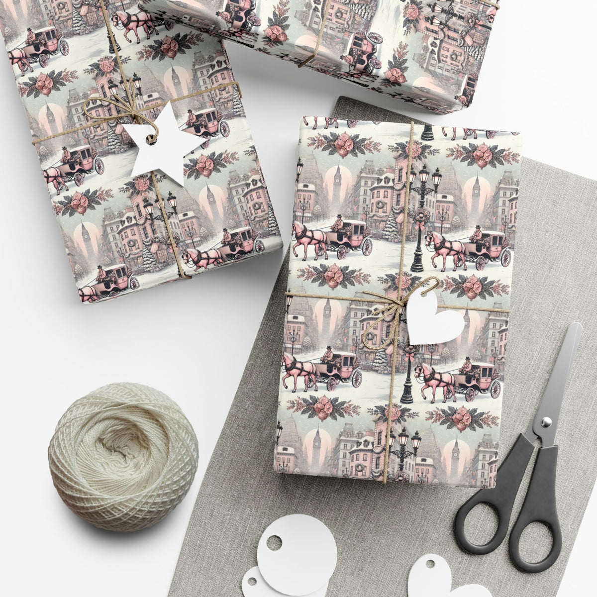 Pastel Paris horse and carriage Christmas wrapping paper