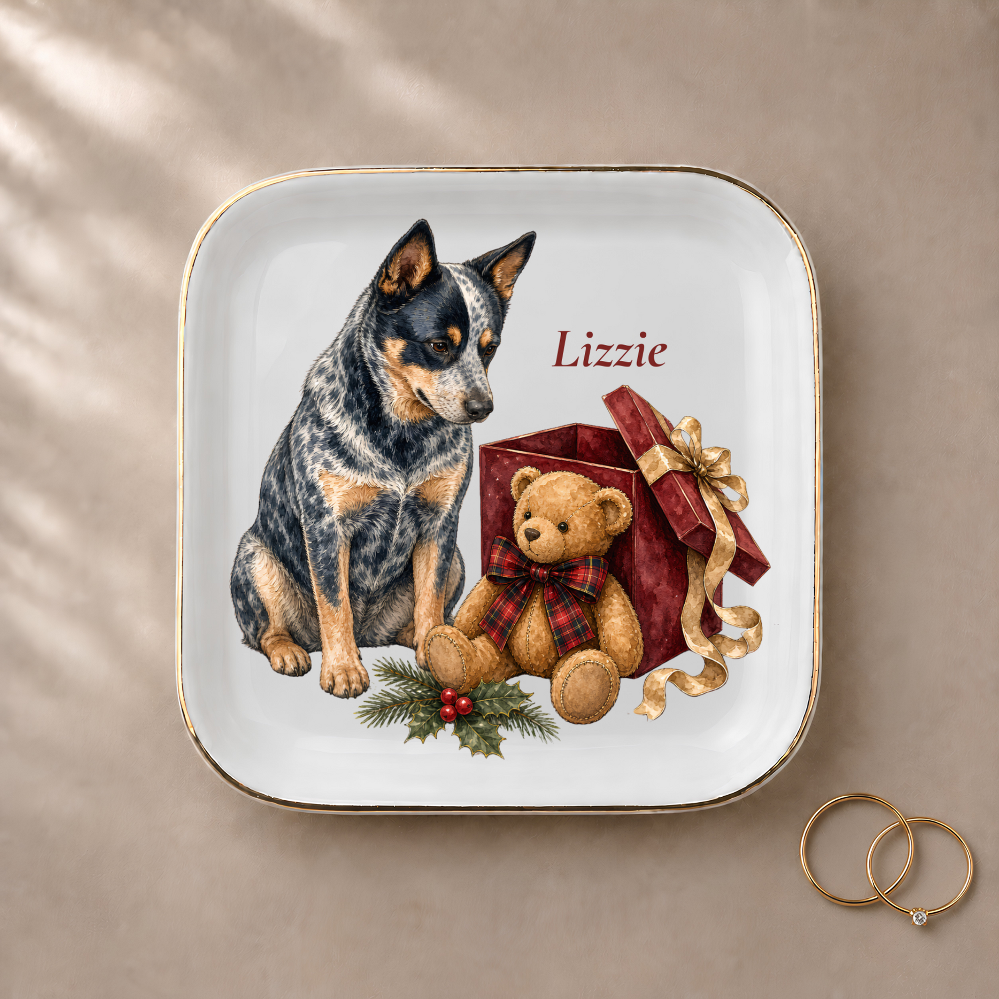 Australian Cattle Dog jewelry dish styled with gold rings and a personalized name