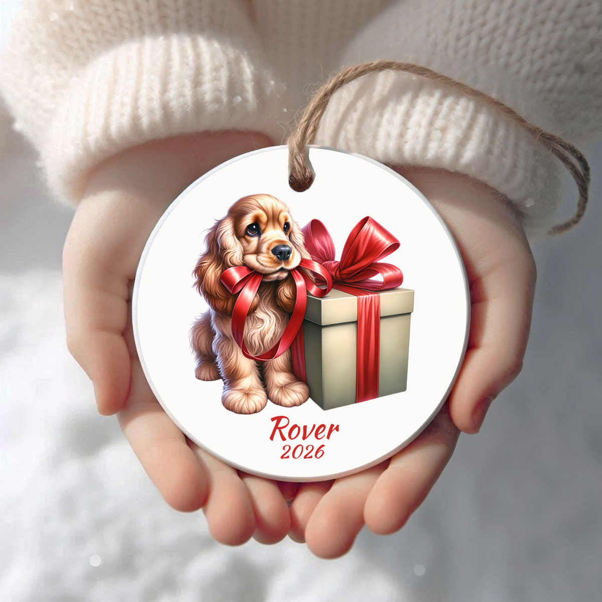Personalized American Cocker Spaniel Christmas ornament held in cupped hands