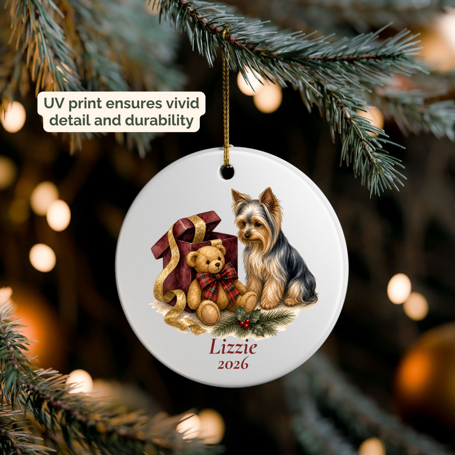 Personalized Yorkshire Terrier ornament hanging on a lit Christmas tree