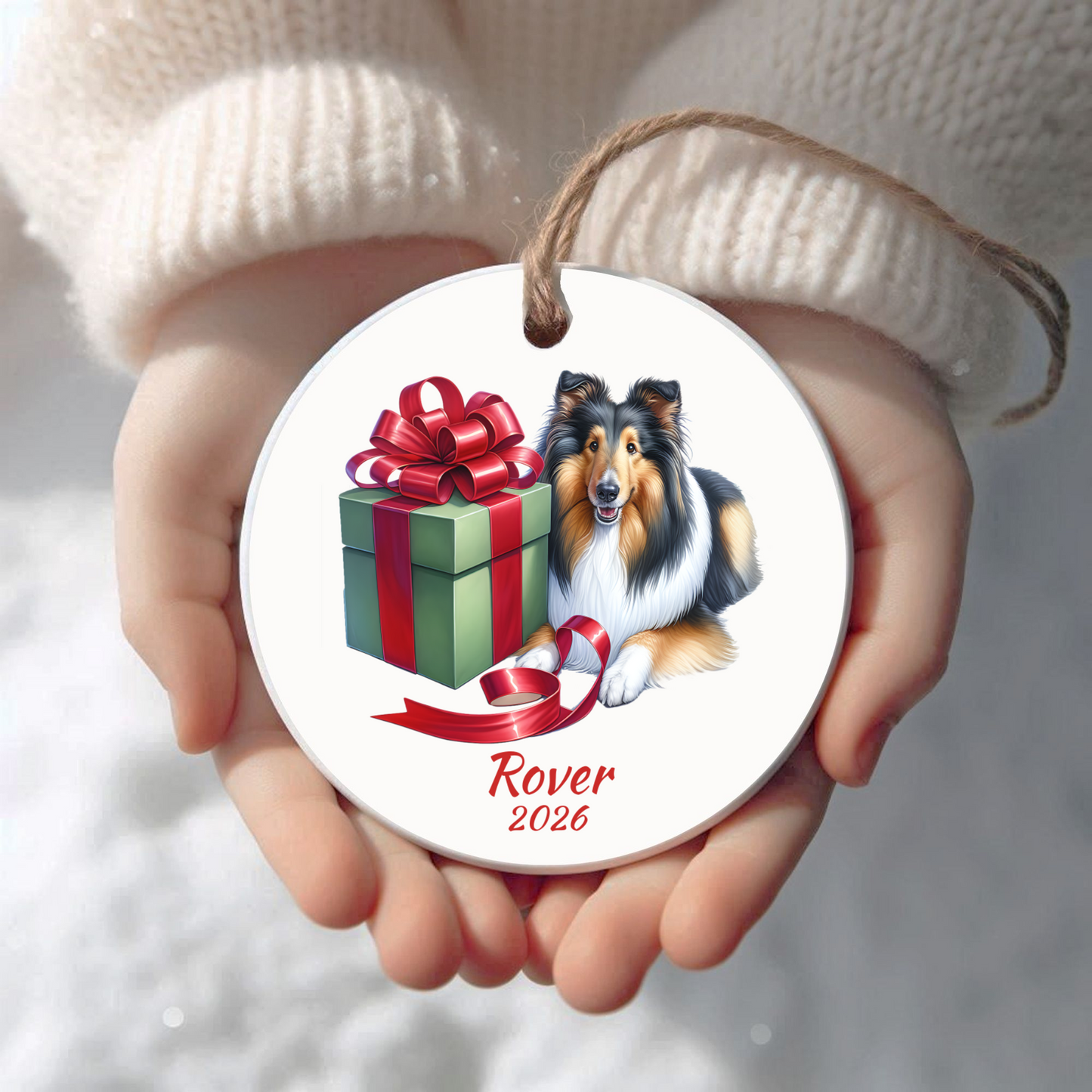 Personalized Rough Collie Christmas ornament held in cupped hands