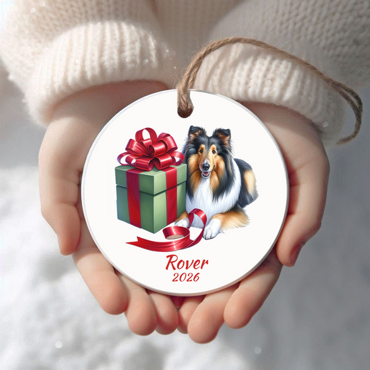 Personalized Rough Collie Christmas ornament held in cupped hands