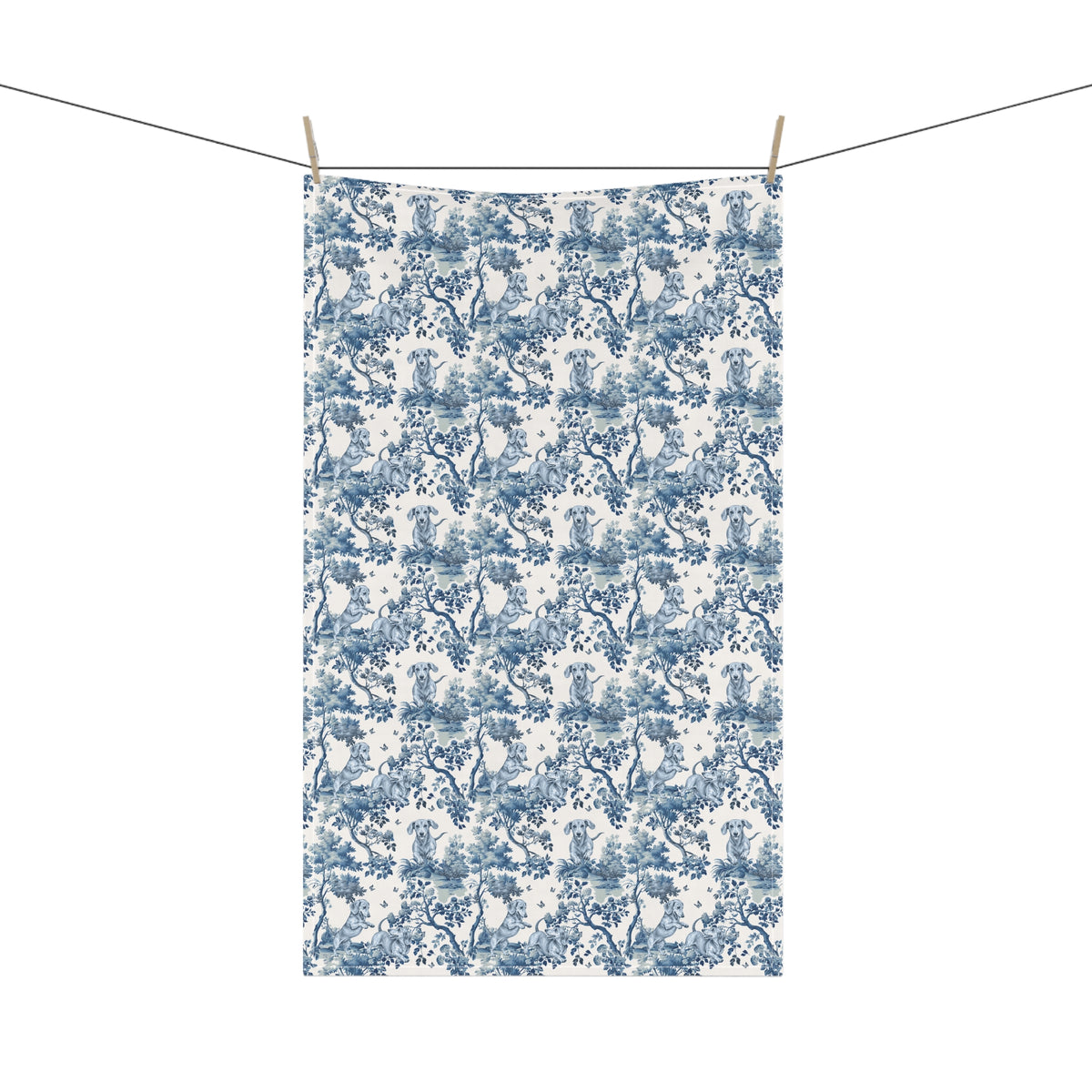 Dachshund Tea Towel with blue toile design, hanging from a clothesline, showing the full repeating design.