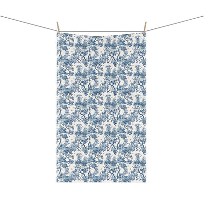 Dachshund Tea Towel with blue toile design, hanging from a clothesline, showing the full repeating design.