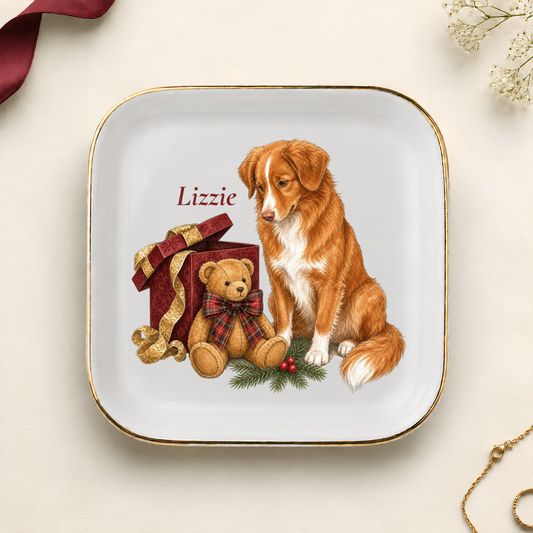 Personalized Nova Scotia Duck Tolling Retriever Christmas jewelry dish with gold rim