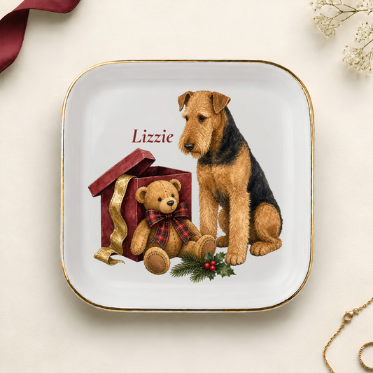 Personalized Airedale Terrier (Sitting) Bear Necessities Christmas jewelry dish with gold rim