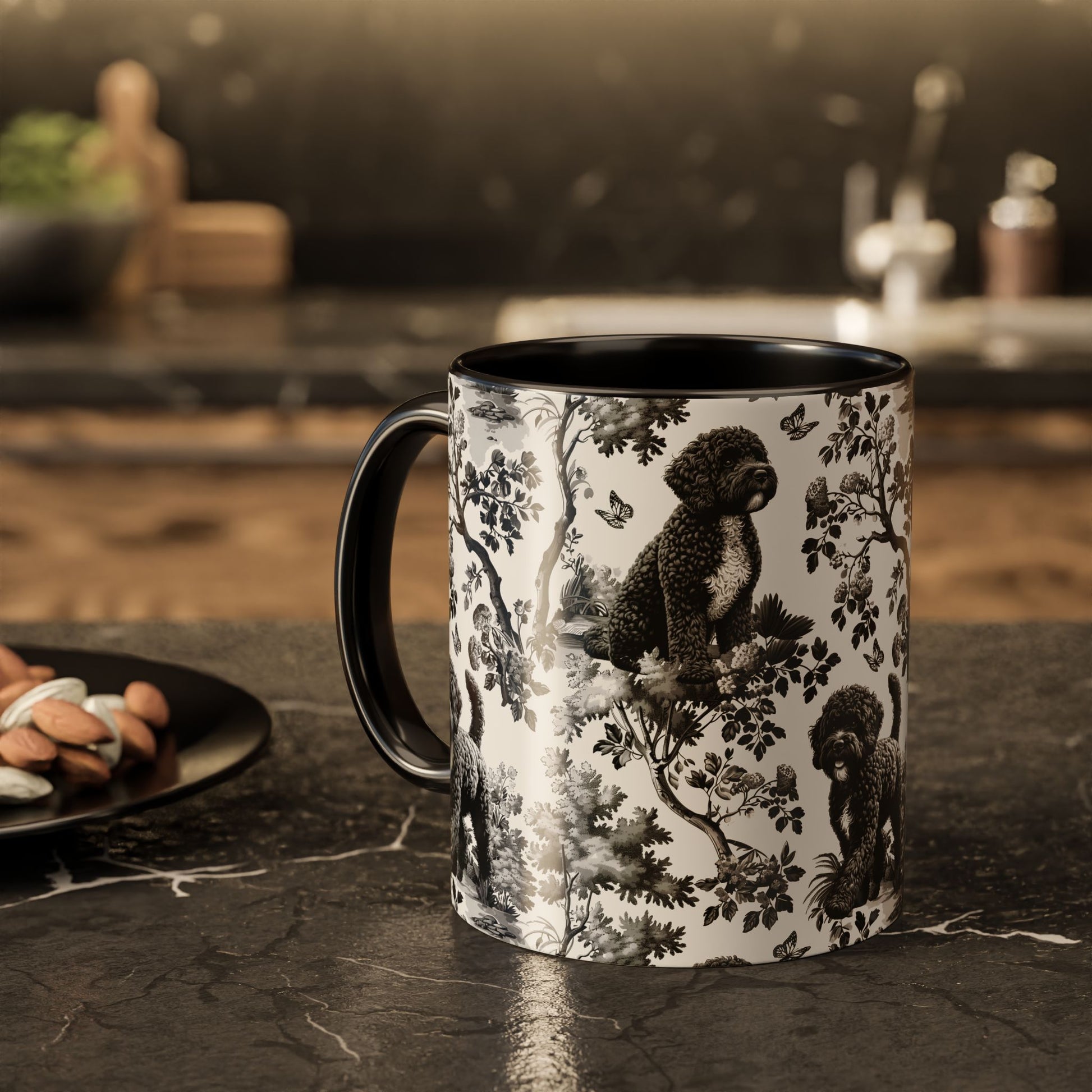 Black toile Portuguese Water Dog coffee mug, additional view