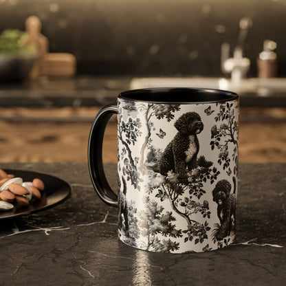 Black toile Portuguese Water Dog coffee mug, additional view
