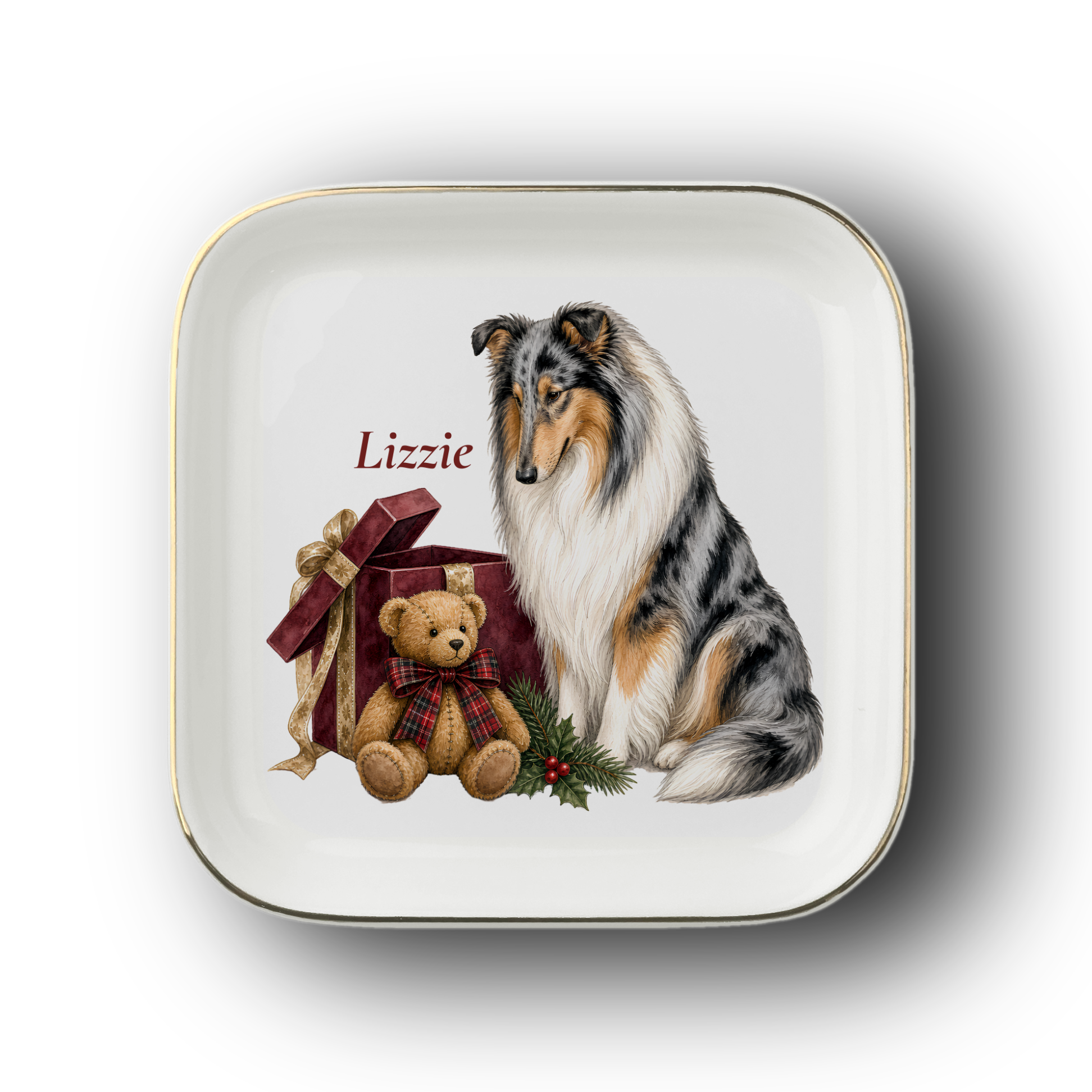 Rough Collie jewelry dish on a white background