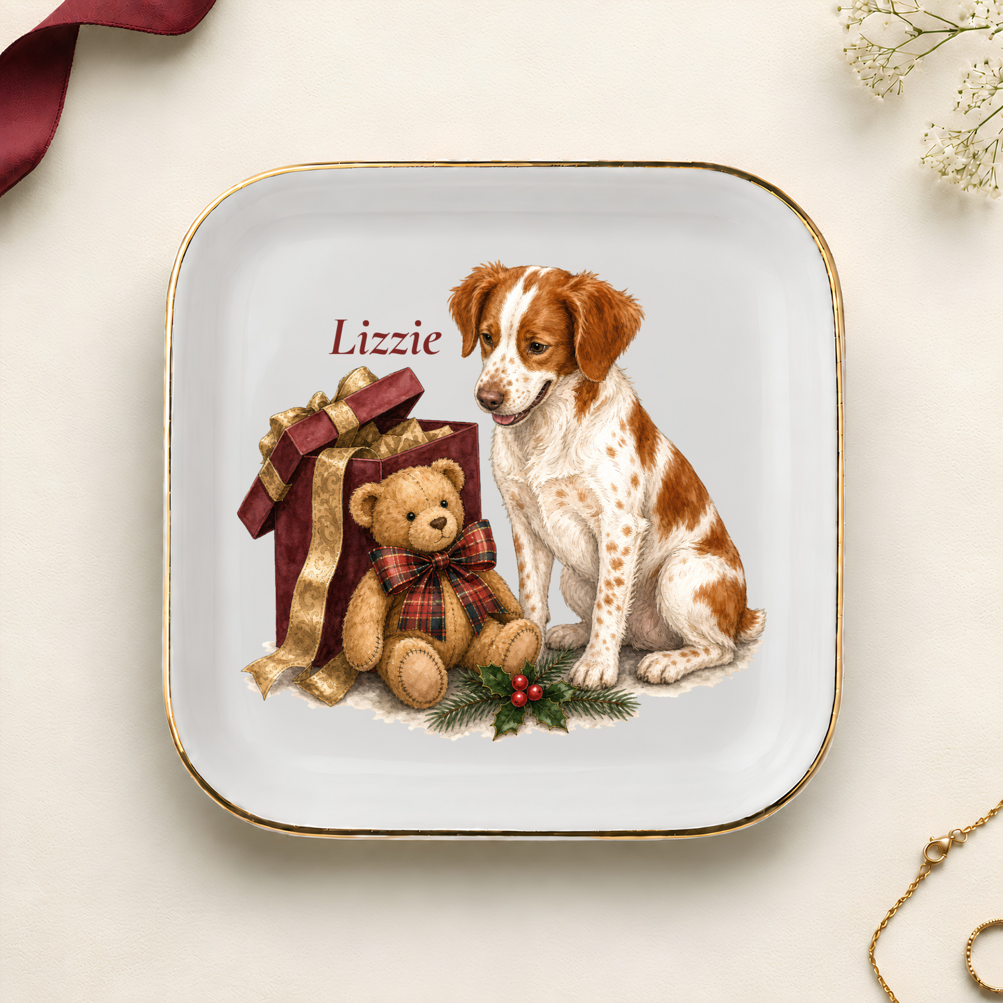 Personalized Brittany Spaniel Christmas jewelry dish with gold rim