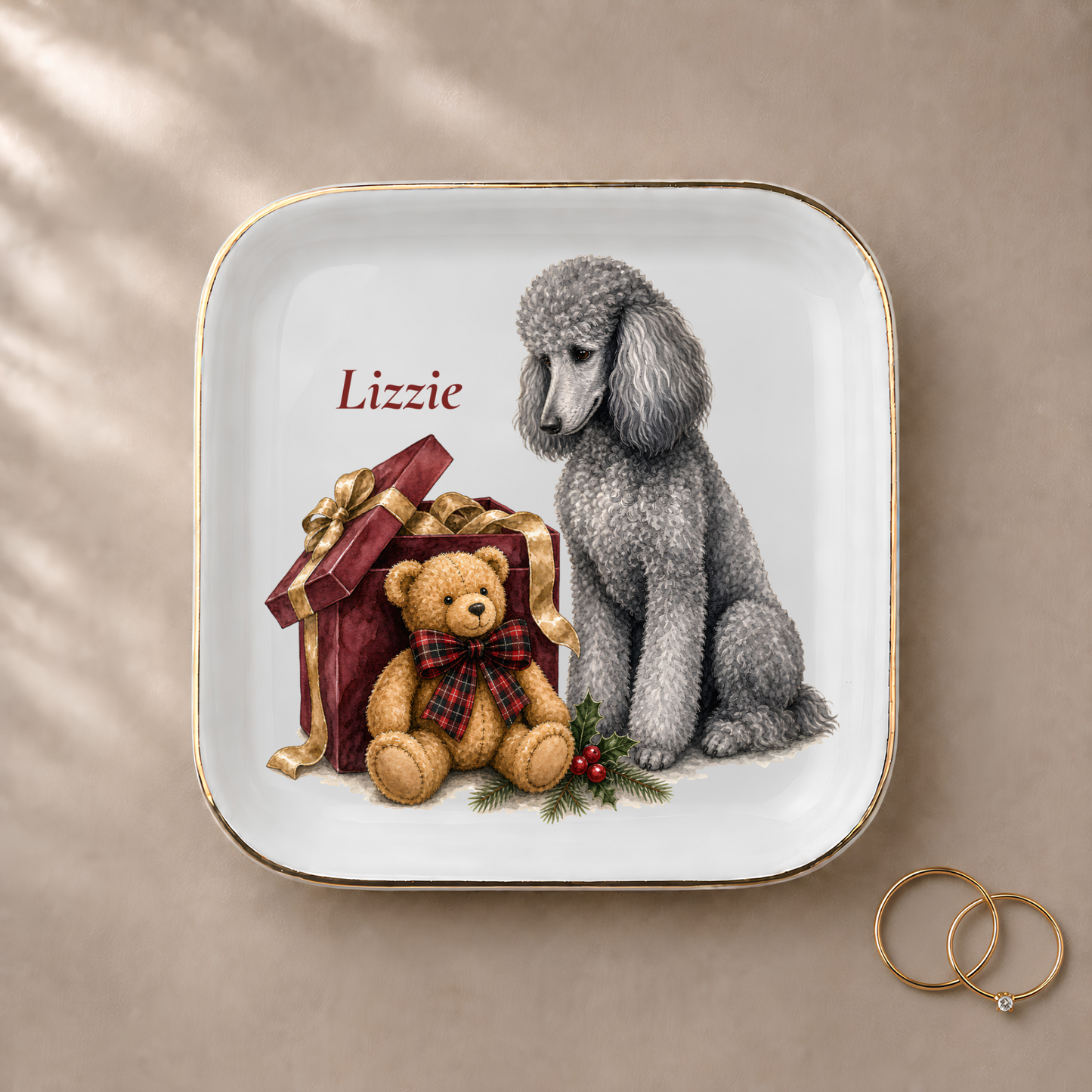 Standard Poodle jewelry dish styled with gold rings and a personalized name