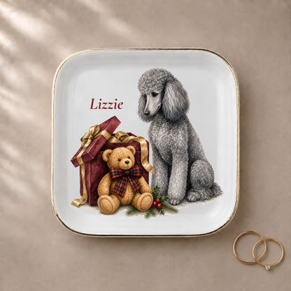 Standard Poodle jewelry dish styled with gold rings and a personalized name
