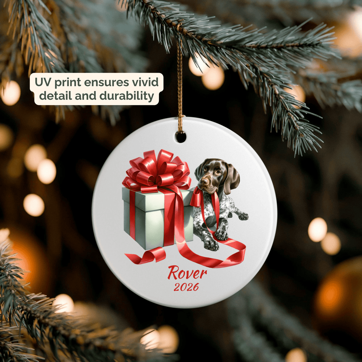 Personalized German Shorthaired Pointer ornament hanging on a lit Christmas tree