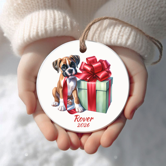 Personalized Boxer Christmas ornament held in cupped hands