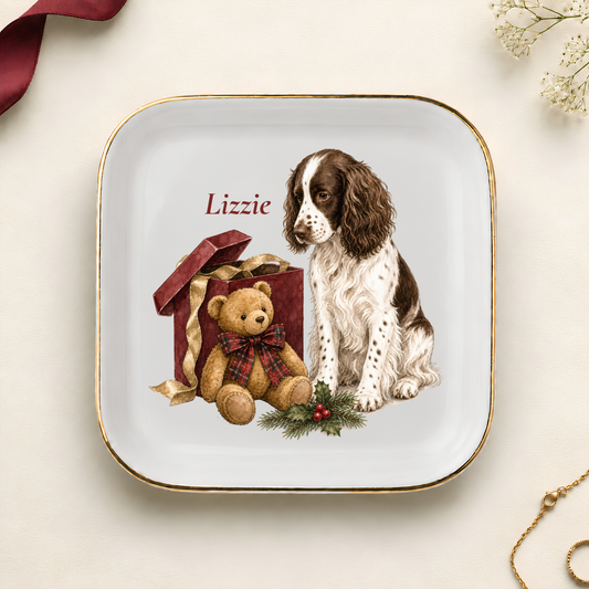 Personalized English Springer Spaniel Christmas jewelry dish with gold rim