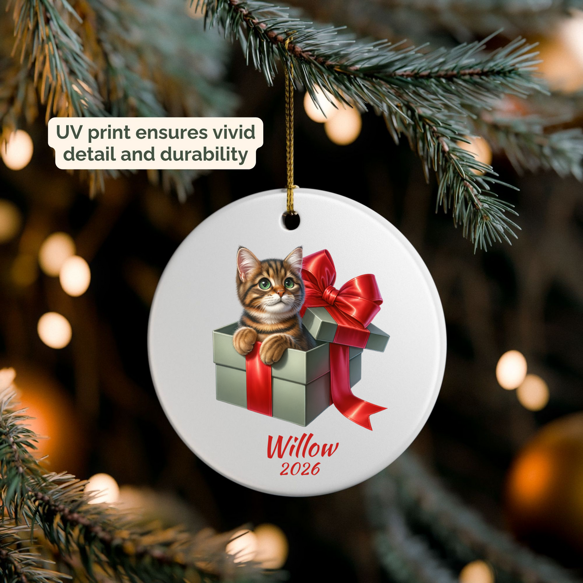 Hand holding a personalized Tabby Cat ceramic ornament beside a Christmas tree