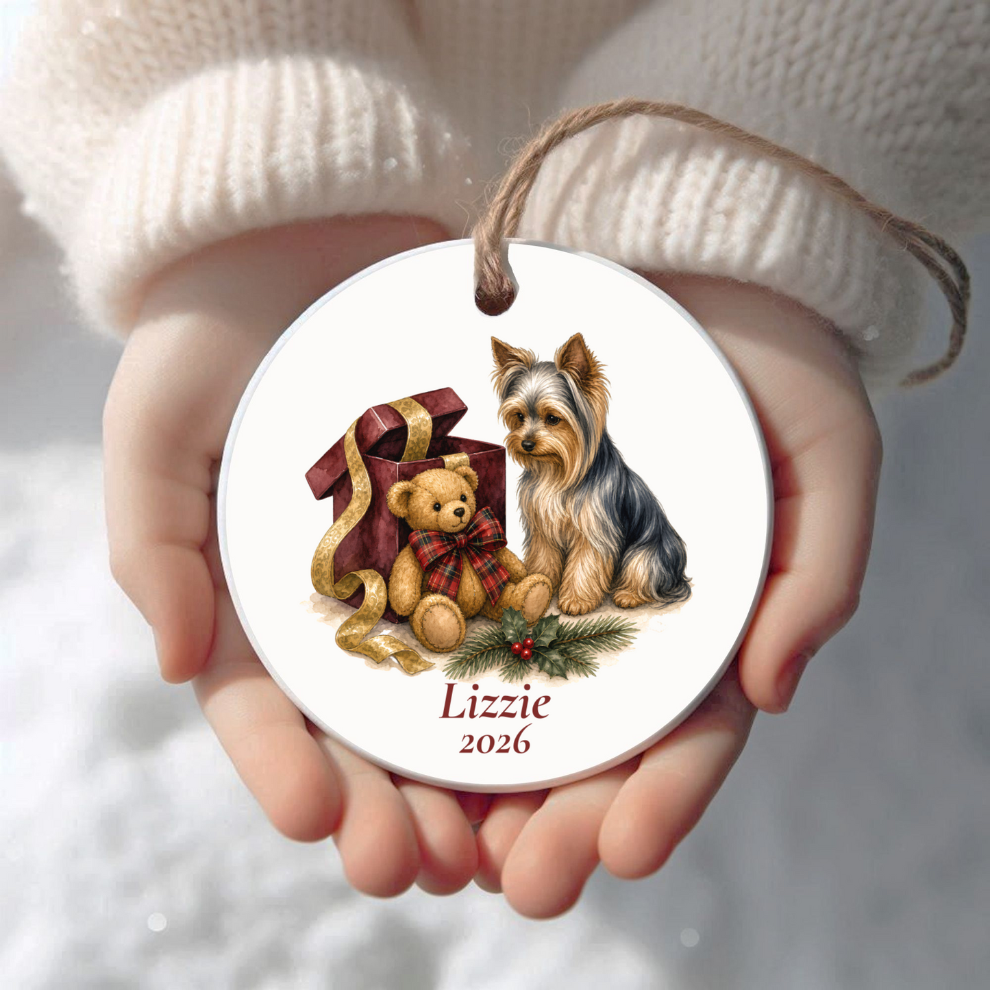 Personalized Yorkshire Terrier Christmas ornament held in cupped hands